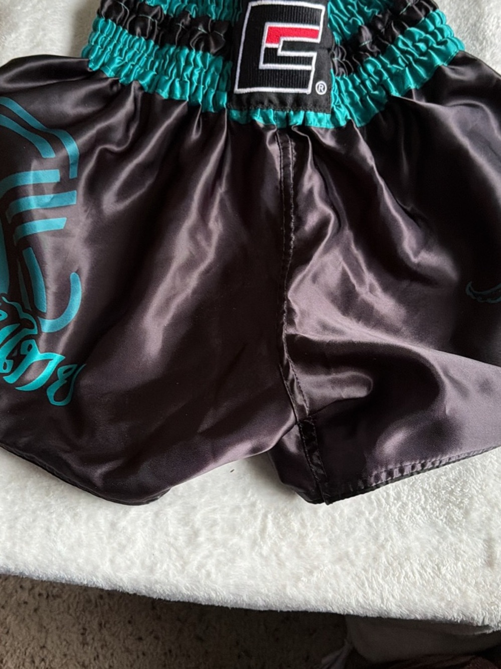Combat Can? Black Satin Boxing Shorts with Teal Trim